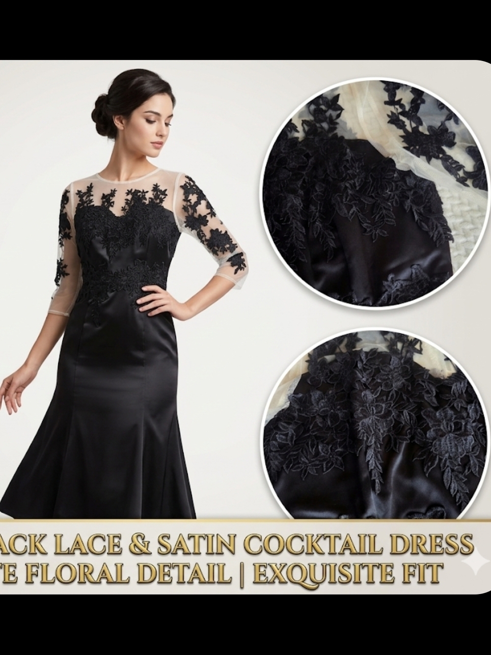 Elegant Black Lace Appliqué Midi Dress - Picture 2 of 12